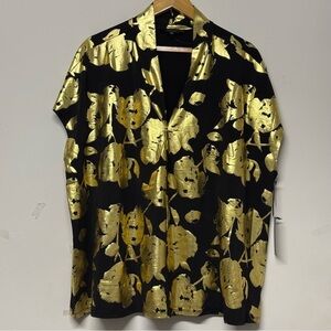NWT Rachel Rachel Roy Black Gold Rose Print Stretch Blouse 2X
